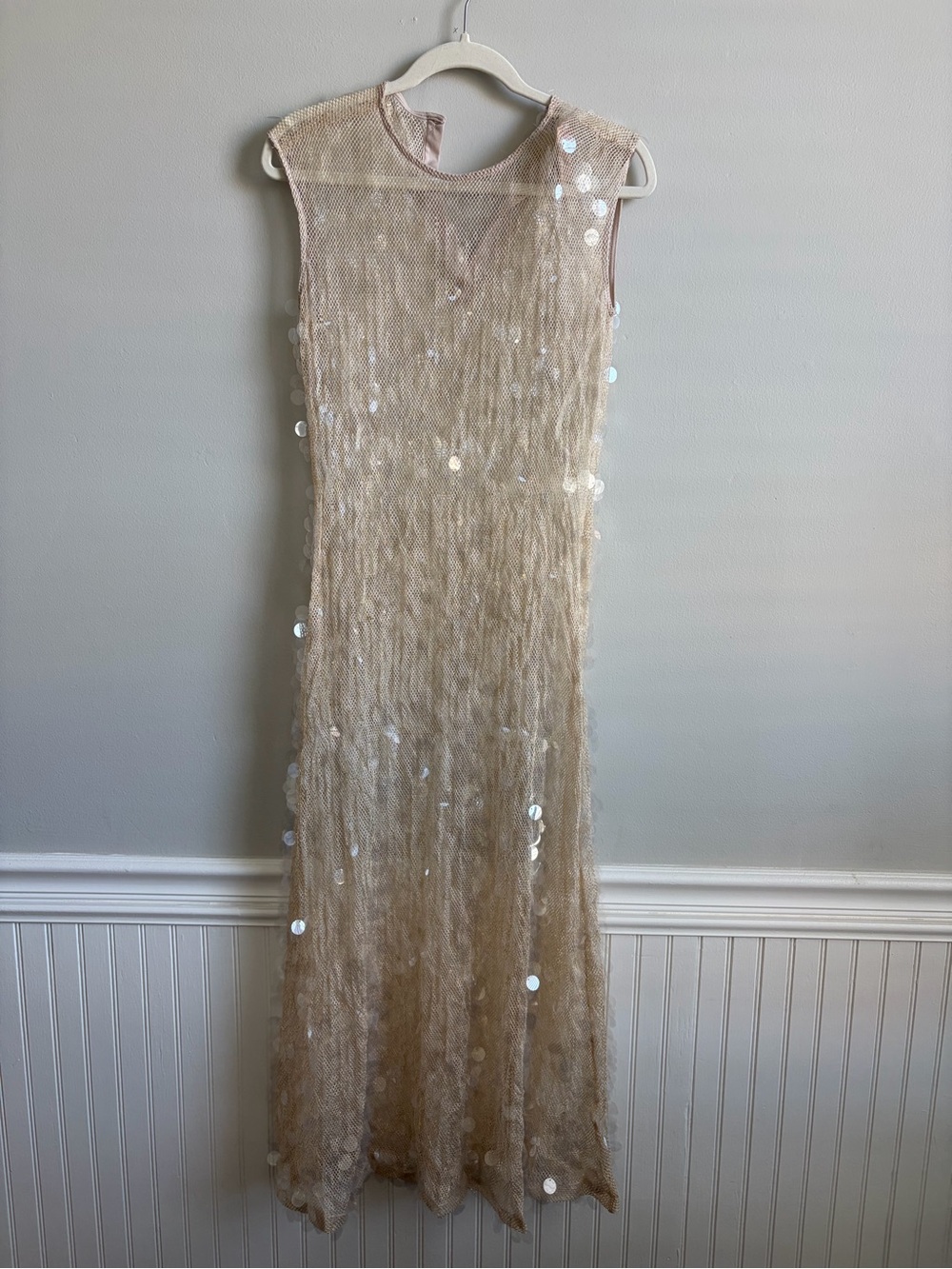 Sleeveless Sequin Mesh Maxi Dress in Champagne
